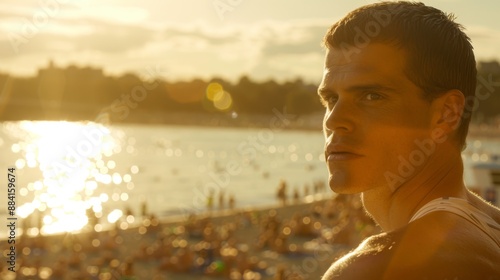 Sunset Contemplation: Serene Male Silhouette Against Lively Beach Scene