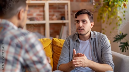 Engaged Conversation Between Two Men at Home