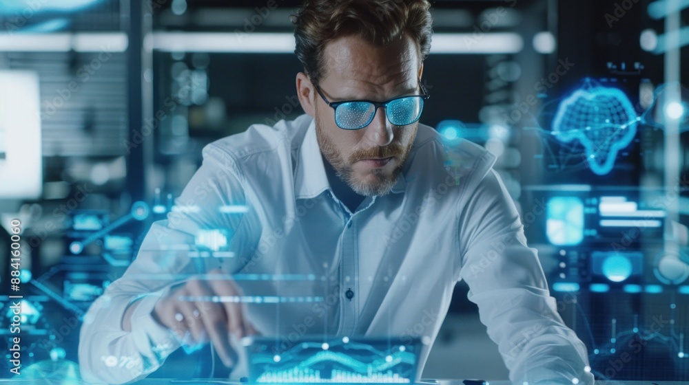 Man Working with Technology and Data Visualizations Man Working with Technology and Data Visualizations