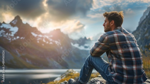 Serene Mountain Lake Sunset with Contemplative Man