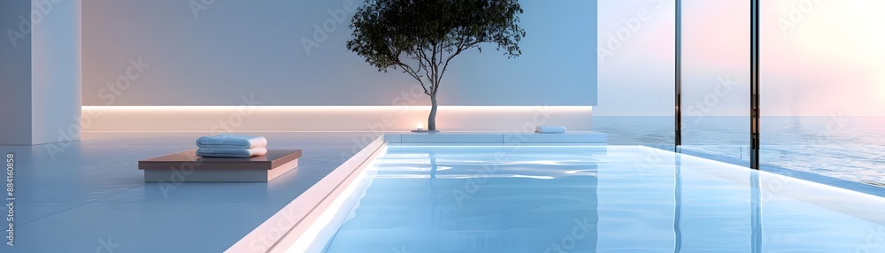 Chic Acrylic Table Beside Stylish Rectangular Pool with Minimalistic Decor and Soft Ambient Lighting for Contemporary Product Showcase Chic Acrylic Table Beside Stylish Rectangular Pool with Minimalistic Decor and Soft Ambient Lighting for Contemporary Product Showcase