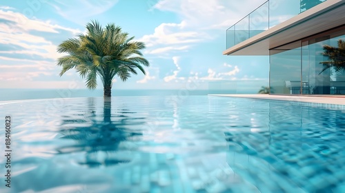 Sleek Modern Outdoor Table by Infinity Pool with Lush Palm Backdrop for Product Display