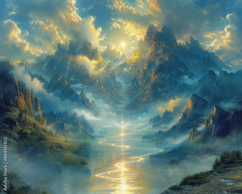 Create a surrealistic painting of a landscape where the mountains are made of clouds, and the rivers are made of light. Create a surrealistic painting of a landscape where the mountains are made of clouds, and the rivers are made of light.