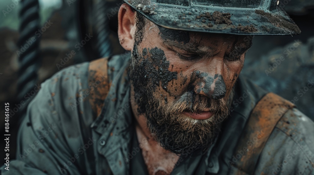 Exhausted Worker with Mud-Covered Face. Worker's day, Labour Day.
Exhausted Worker with Mud-Covered Face. Worker's day, Labour Day.