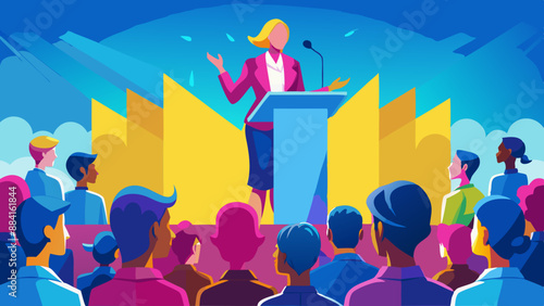 feminism Woman doing a speech outdoor in front of a crowd of members of a political party