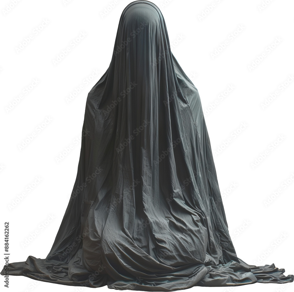 Figure of a man in a cloth cape with his face covered Dark sculpture art style isolated on transparent background Figure of a man in a cloth cape with his face covered Dark sculpture art style isolated on transparent background