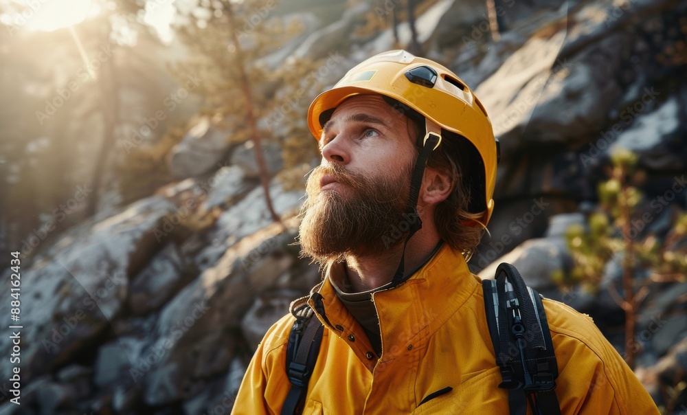 Bearded Hiker with Helmet in Mountain Landscape on National Work Day. Labor Day. Worker's day.
Bearded Hiker with Helmet in Mountain Landscape on National Work Day. Labor Day. Worker's day.