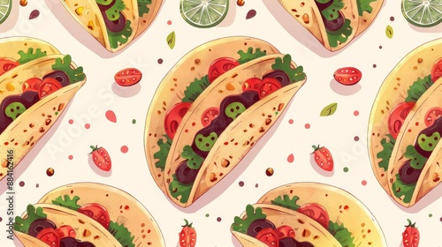 Colorful and delicious Mexican tacos seamless pattern background photo