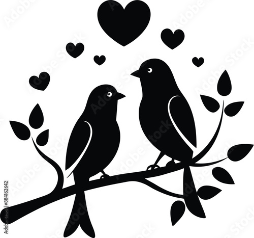 Canvas Print Two birds sitting on a branch romantic vibe silhouette illustration captures the