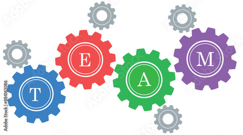 team work concept with multicolored gears, word lettering typography design illustration