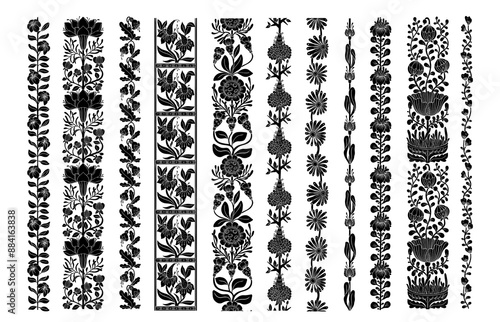 Vector set of seamless borders, black symmetry flower composition isolated on white background. Folk art style illustration