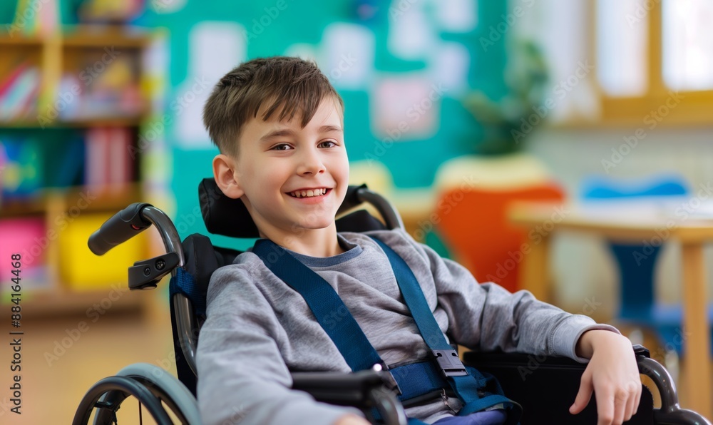 smiling boy in wheelchair at school, stock photo with space for copy text, high quality image capturing joy and inclusion in educational setting, ready for promotional use smiling boy in wheelchair at school, stock photo with space for copy text, high quality image capturing joy and inclusion in educational setting, ready for promotional use