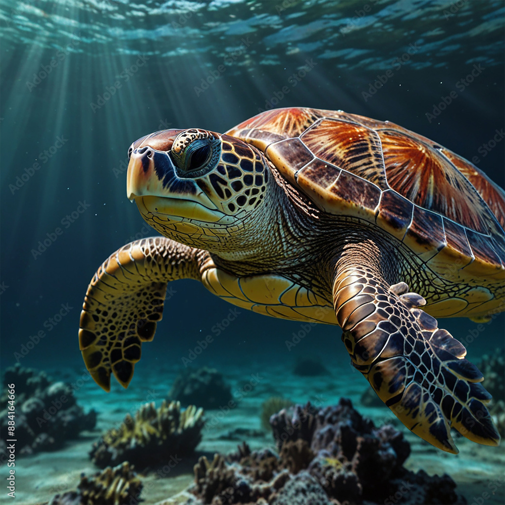 Fototapeta premium green sea turtle swimming, beach ocean 