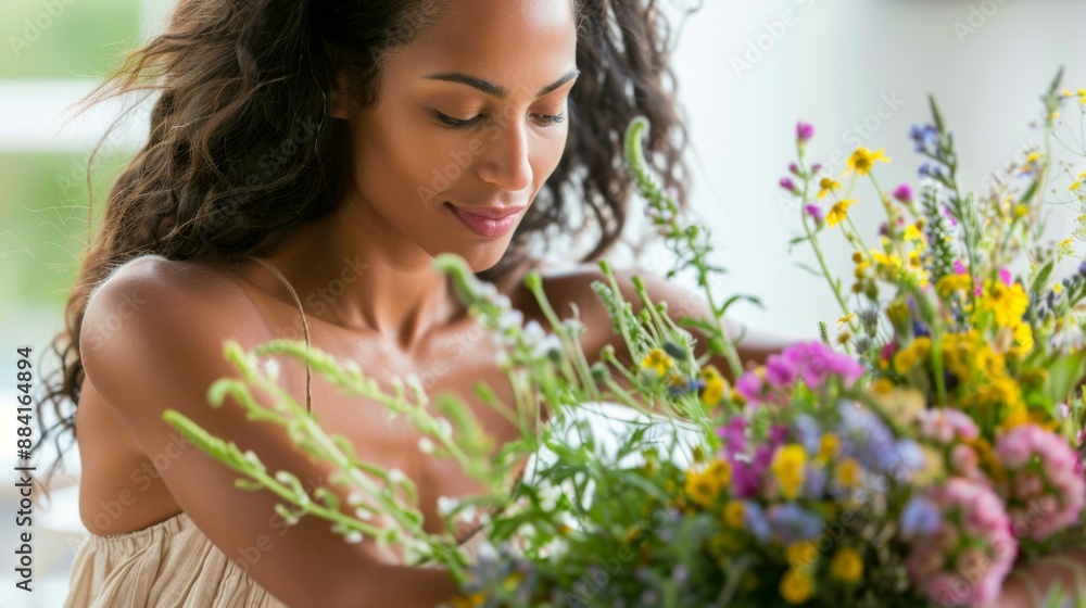 Fototapeta premium Serene Woman Admiring Fresh Spring Bouquet Indoors