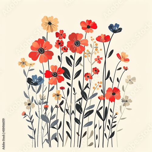 Watercolor painting of a vibrant field of red, blue, and yellow wildflowers, vector