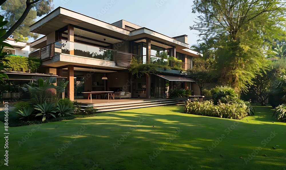 Spacious modern house with large windows and manicured lawn, home