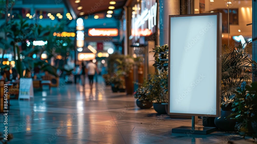 Illuminated Blank Billboard in a Modern Shopping Mall Illuminated Blank Billboard in a Modern Shopping Mall