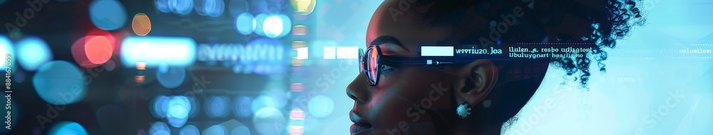 Fototapeta premium AI Cybersecurity Threat Illustration Featuring African American Female IT Specialist Analyzing Data Information Technology, Augmented Reality Artificial Intelligence Collage, Side Profile, Copy Space,