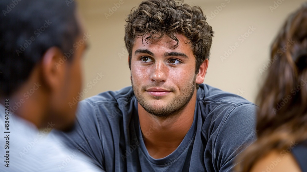 Group therapy session with participants engaging in role-playing exercises to improve coping skills Stock Photo with copy space