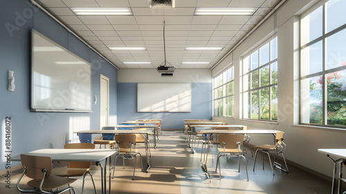 A classroom with empty desks and chairs