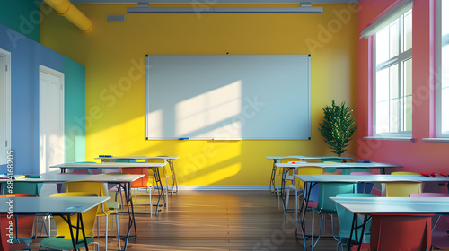 A classroom with a white board and colorful chairs