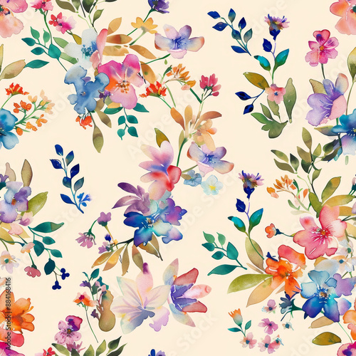 Colorful Watercolor Floral Pattern with Spring Blossoms