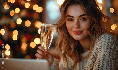 A young, happy woman has a video call on her laptop and toasts with champagne while celebrating Christmas alone at home.