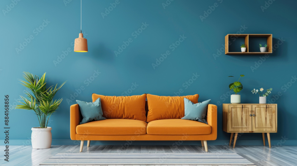 Teal Wall Living Room Interior with Orange Sofa. Teal Wall Living Room Interior with Orange Sofa.