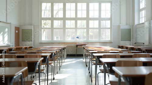 A classroom with white walls and a white board