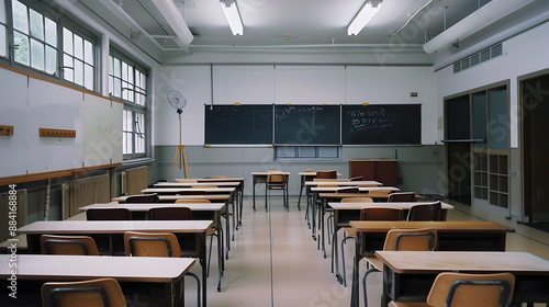 A classroom with white walls and a white board