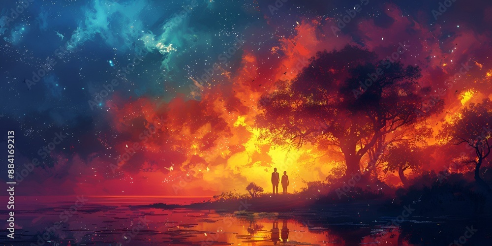 A couple standing by a lake at night, with a fire burning and stars twinkling in the sky. A couple standing by a lake at night, with a fire burning and stars twinkling in the sky.