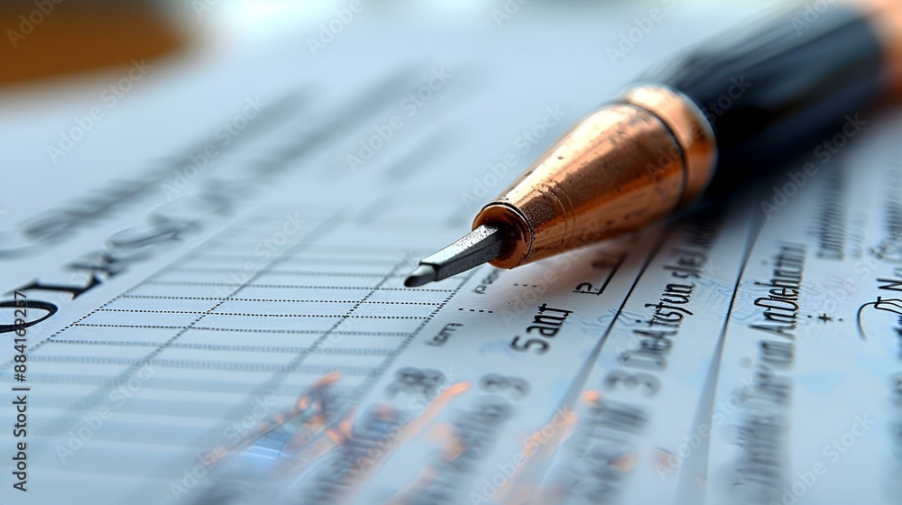 A person sitting at a desk, filling out a tax form with a pen. A person sitting at a desk, filling out a tax form with a pen.