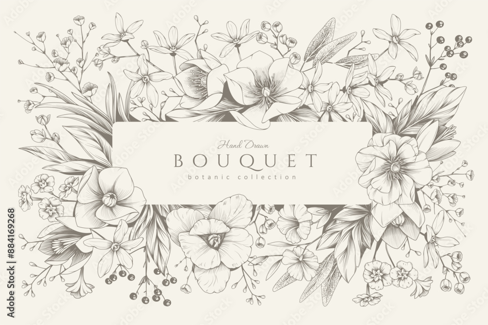 Background with detailed various flowers and foliage, intricate details and delicate forms. Hand drawn vector illustration with elegant botanical elements for invitation, save the date card