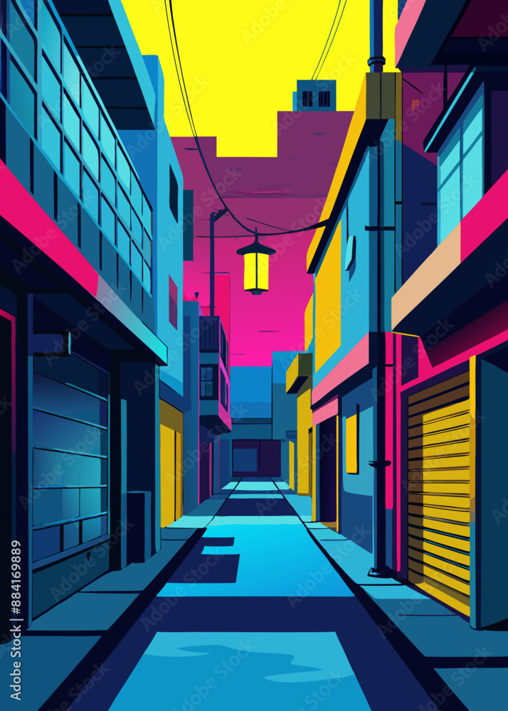 Calle oscura en la ciudad ciberpunk, callejón sombrío con iluminación de neón