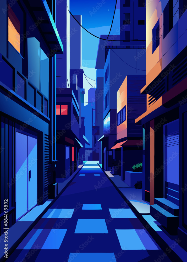 Calle oscura en la ciudad ciberpunk, callejón sombrío con iluminación de neón