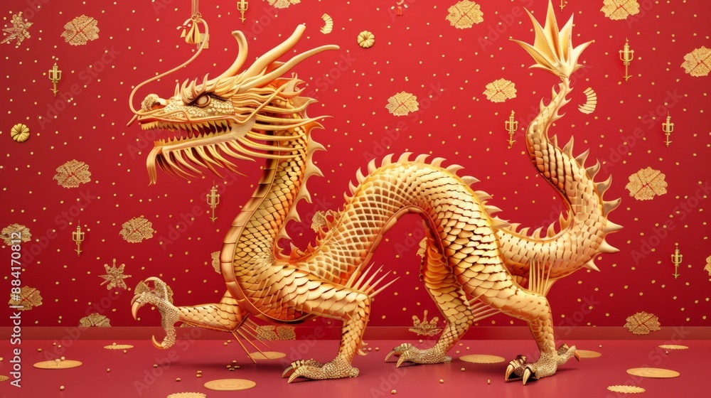 A golden dragon on a red ornate background A golden dragon on a red ornate background