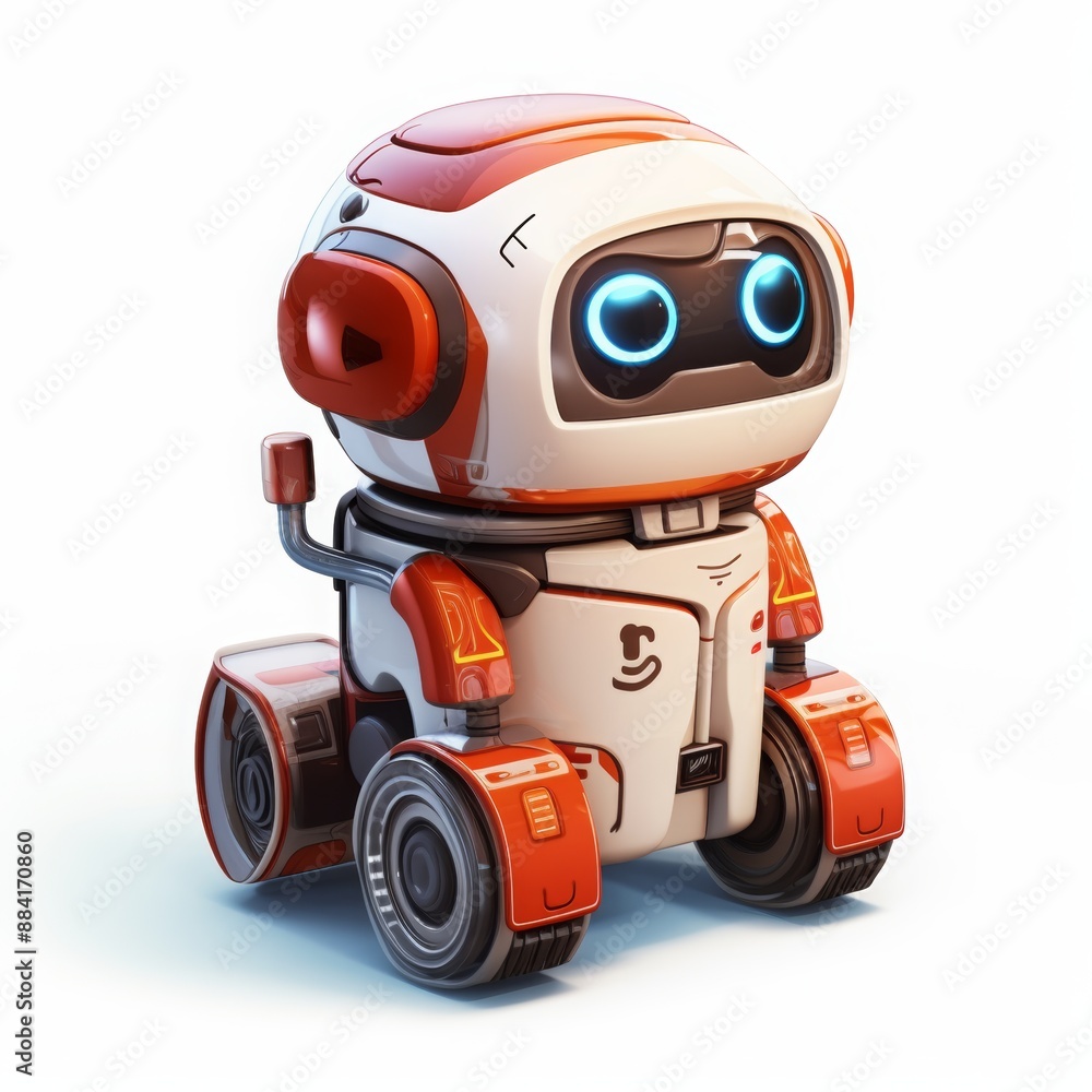 Cute robot on white background, red and white colors, big blue eyes, friendly expression, standing on two wheels, arms with hands. Perfect for technology, robotics, AI websites. Cute robot on white background, red and white colors, big blue eyes, friendly expression, standing on two wheels, arms with hands. Perfect for technology, robotics, AI websites.