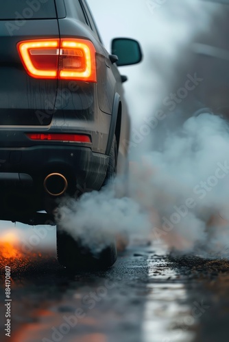 A close-up of a car emitting exhaust smoke on a wet road during a gloomy day, highlighting air pollution and environmental impact.