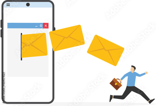 Entrepreneur office guy run away from overload flying mail letter from computer laptop. Email overload too many junk mails that reduce efficiency and productivity in work and time management concept.
