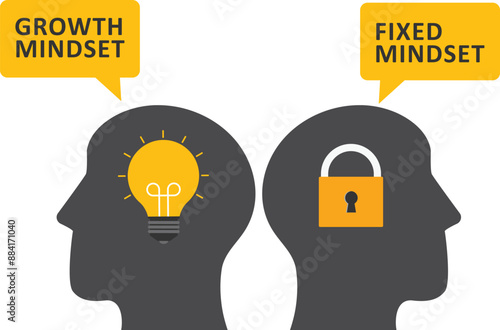 Businesswoman stood in the middle of two thoughts. Comparison between fixed mindset vs growth mindset. Modern flat vector illustration.

