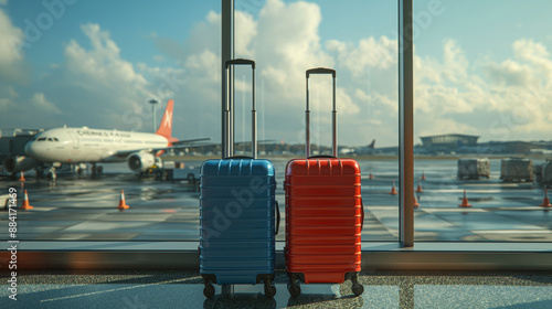an airport lounge, with two suitcases placed side by side. One suitcase is blue, and the other is red. Both suitcases have wheels and are equipped with handles.