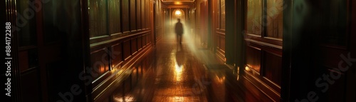 Haunting Presence in Dimly Lit Hallway - Eerie Ghostly Figure Illuminated by Flickering Candlelight