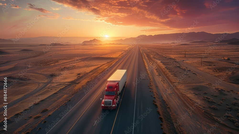 Red truck driving on an empty desert highway at sunset, showcasing a serene landscape with mountains in the distance and dramatic skies. Red truck driving on an empty desert highway at sunset, showcasing a serene landscape with mountains in the distance and dramatic skies.