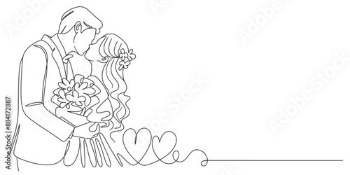 girl with a bouquet of flowers, Wedding couple line art vector illustration