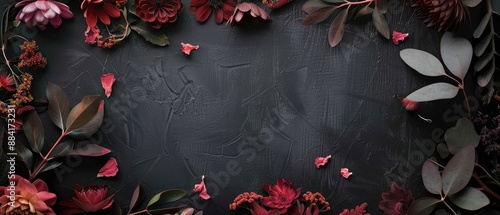 Moody Florals, floral frame with space for text on a dark background, a dramatic and romantic atmosphere © muhamad