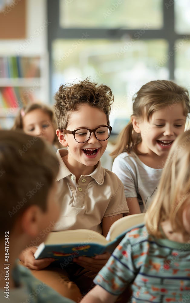 Happy children reading together in a bright classroom, enjoying stories and learning with smiles and laughter. Happy children reading together in a bright classroom, enjoying stories and learning with smiles and laughter.