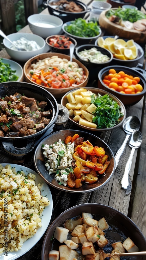 A vibrant display of diverse, freshly-prepared dishes and ingredients laid out on a table, perfect for a family feast or gathering. A vibrant display of diverse, freshly-prepared dishes and ingredients laid out on a table, perfect for a family feast or gathering.