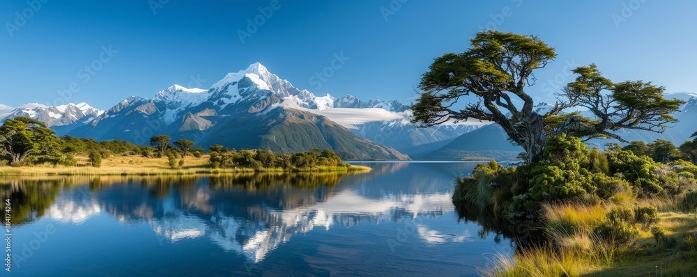 Peaceful Morning Reflections: Snow-Capped Peaks and Lush Trees Embrace a Calm Lake Peaceful Morning Reflections: Snow-Capped Peaks and Lush Trees Embrace a Calm Lake