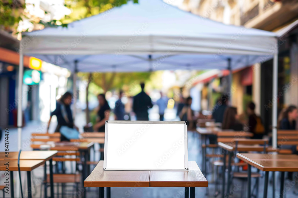 Outdoor cafe setup with wooden tables and chairs under a white canopy, featuring a blank menu board on a table, with blurred people and street background. Concept mockup, empty display panel Outdoor cafe setup with wooden tables and chairs under a white canopy, featuring a blank menu board on a table, with blurred people and street background. Concept mockup, empty display panel