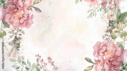 A watercolor painting of a flowery border with pink flowers